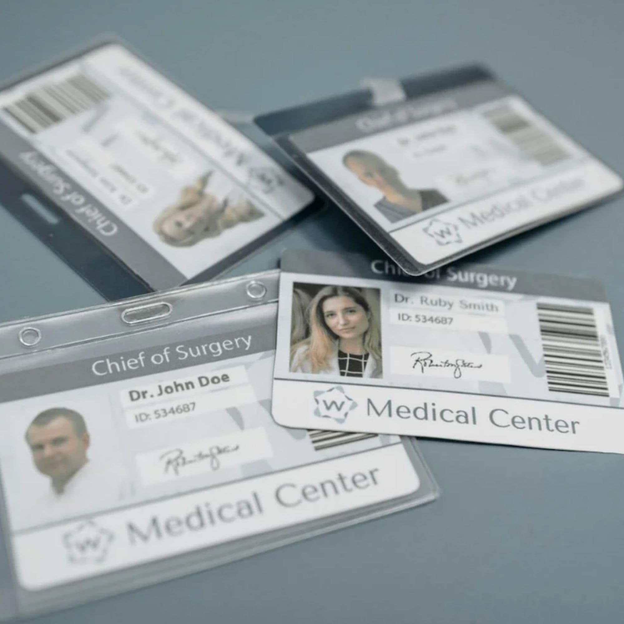 Healthcare badges representing credential verification workflows.